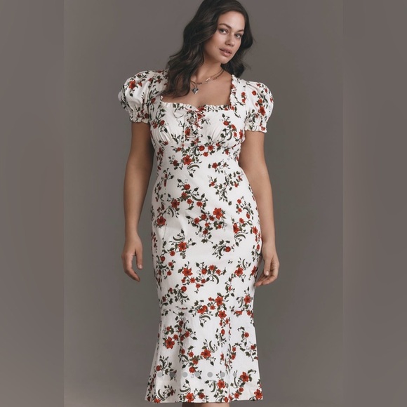 New Anthropologie Puff Sleeve Smocked Dress L Cottagecore Floral Midi Maeve - Picture 3 of 14